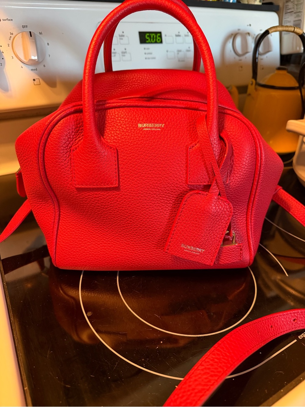 Burberry Red Pebbled Leather Satchel with Top Handles